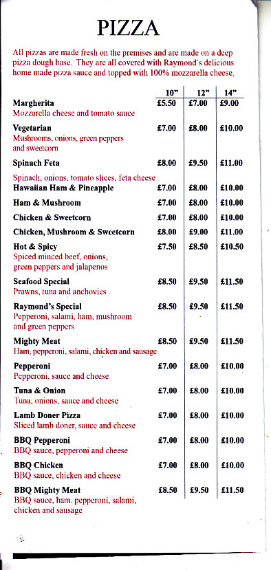 menu of Raymonds Pizza Teignmouth