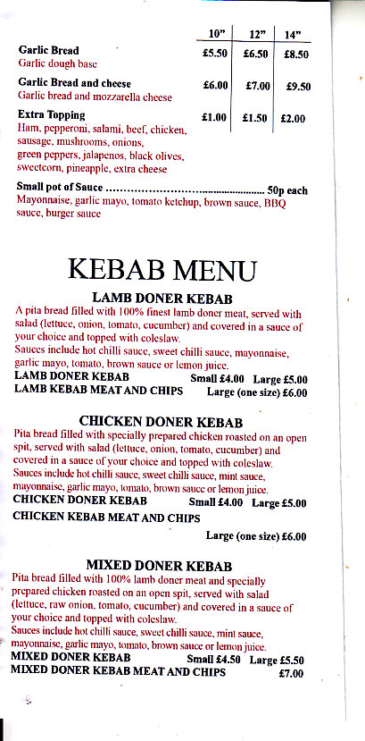 menu of Raymonds Pizza Teignmouth